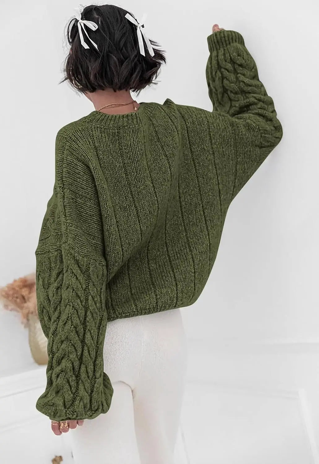 Women's olive green O-neck knitted sweater back view cable knit pattern loose fit winter 2025