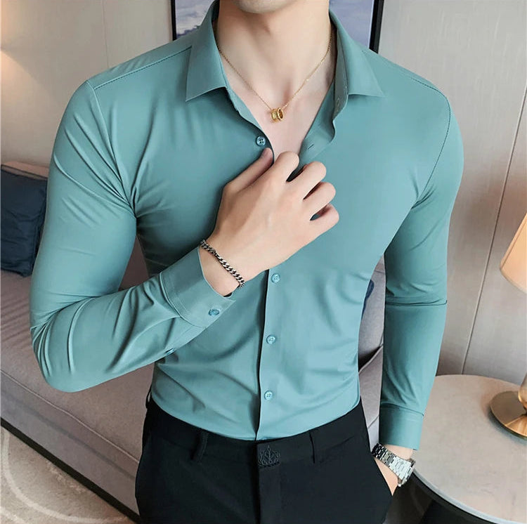 Men's teal blue premium formal dress shirt high elasticity seamless long sleeve casual pose lifestyle