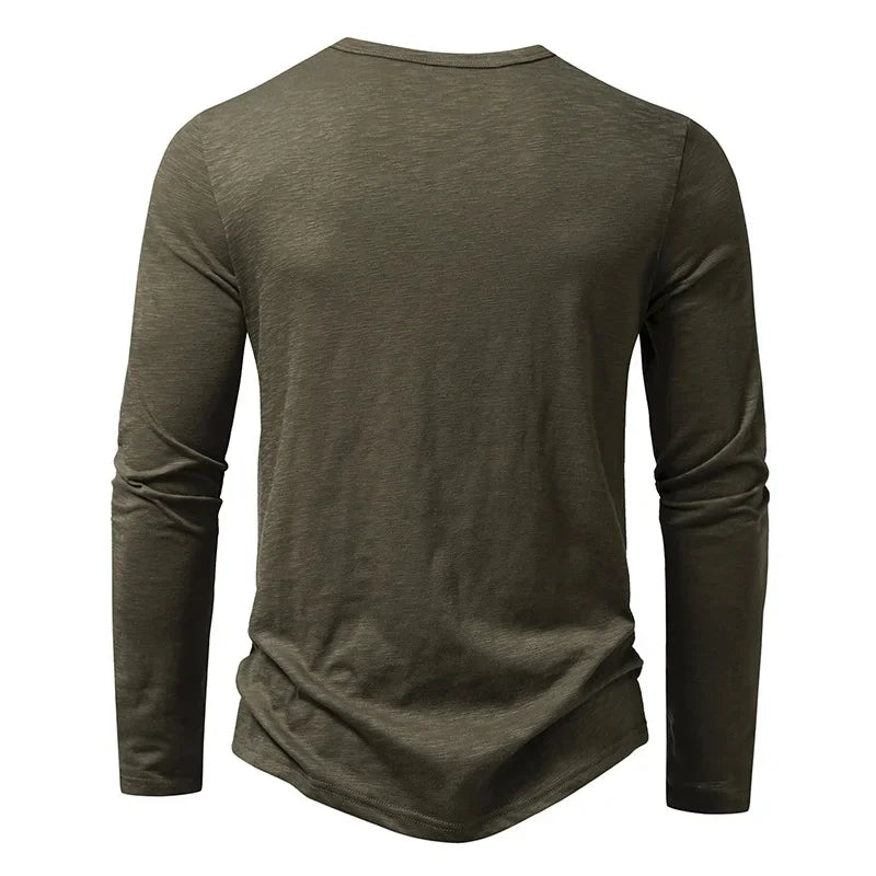 Men's army green henley t-shirt back view long sleeve cotton casual slim fit