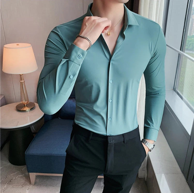 Men's teal blue premium formal dress shirt high elasticity seamless long sleeve standing pose lifestyle