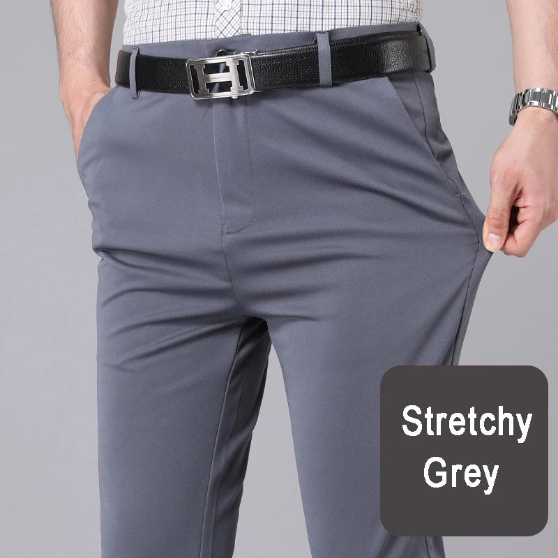 Men's gray stretch dress pants smart casual office trousers quick dry stretchy fabric demonstration