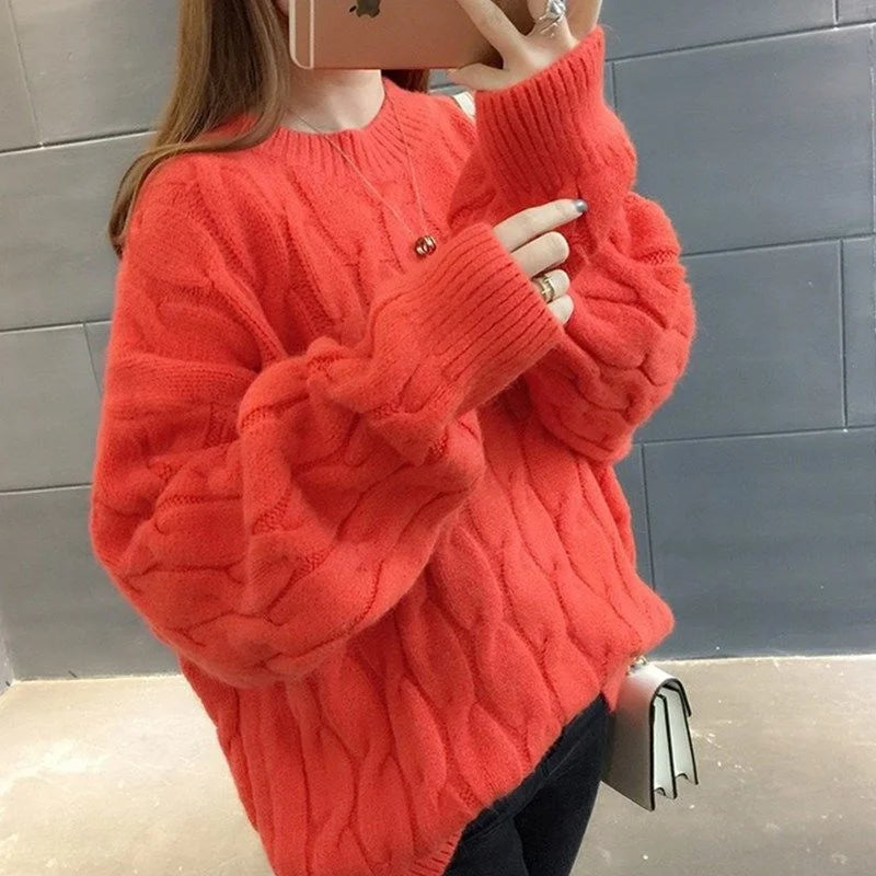 Women's cashmere blend pullover in coral twisted knit O-neck loose fit sweater - front view