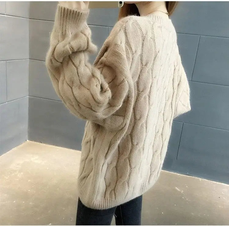 Women's cashmere blend pullover in cream twisted knit O-neck loose fit sweater - back view