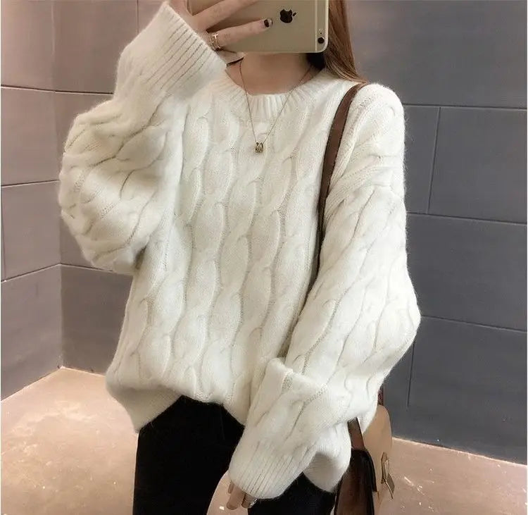 Women's cashmere blend pullover in white twisted knit O-neck loose fit sweater - side view