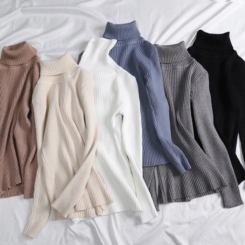 Women's cashmere blend ribbed turtleneck sweaters in beige, white, blue and black, flat lay collage
