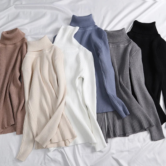 Women's cashmere blend ribbed turtleneck sweaters in beige, white, blue and black, flat lay collage