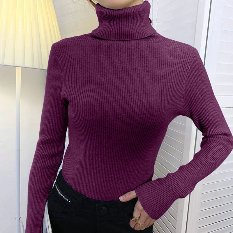 Woman wearing purple cashmere blend ribbed turtleneck knit pullover sweater with black pants, front view