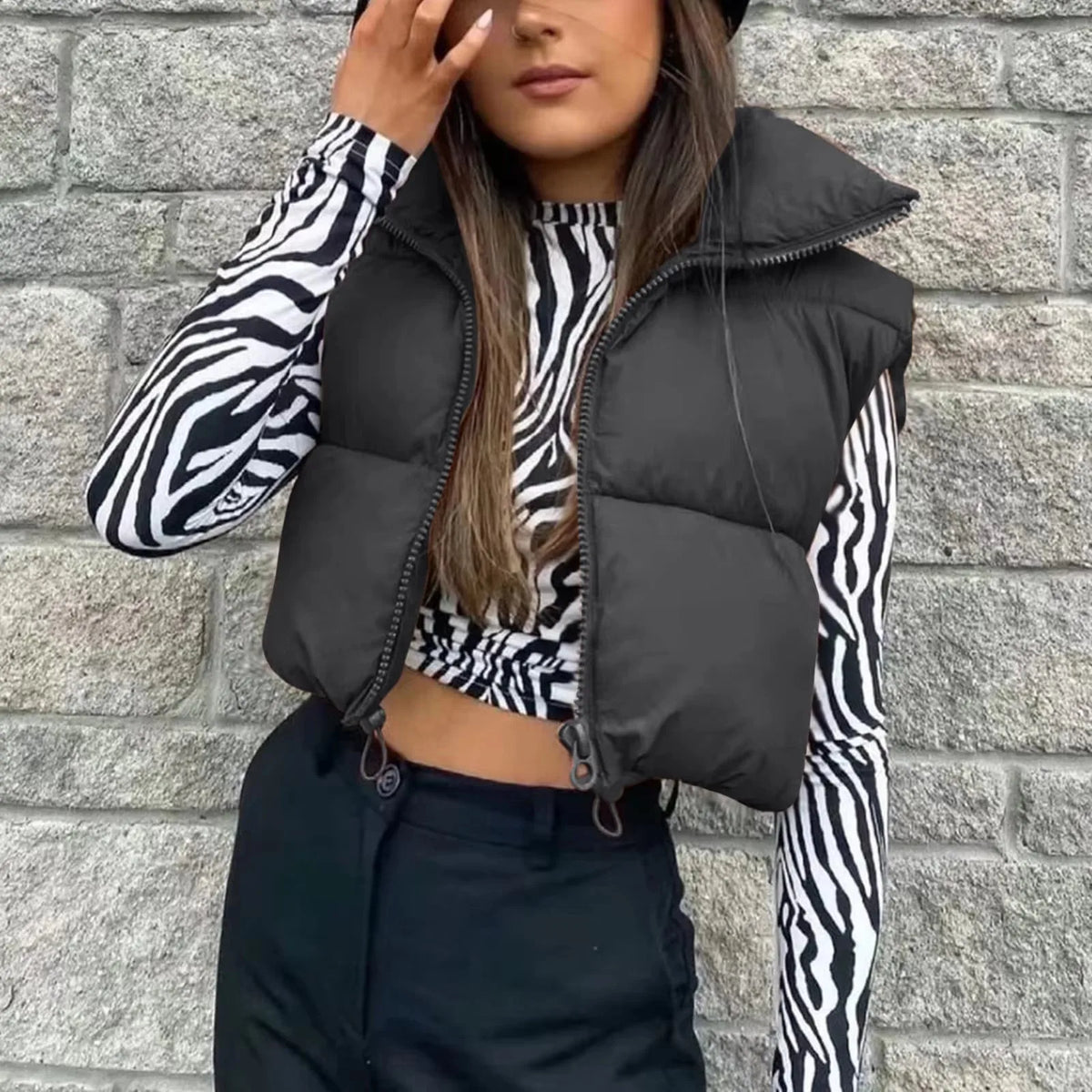 Gilet matelassé court femme, noir – vue de face