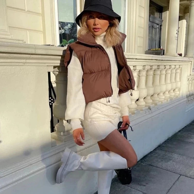 Gilet matelassé court femme, marron – vue de profil