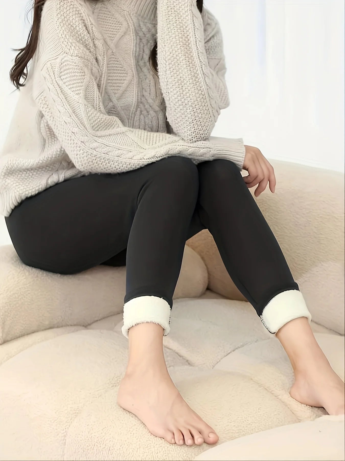 Women's high waist fleece lined thermal leggings in black, lifestyle view seated on sofa showing cream fleece cuff detail at ankle