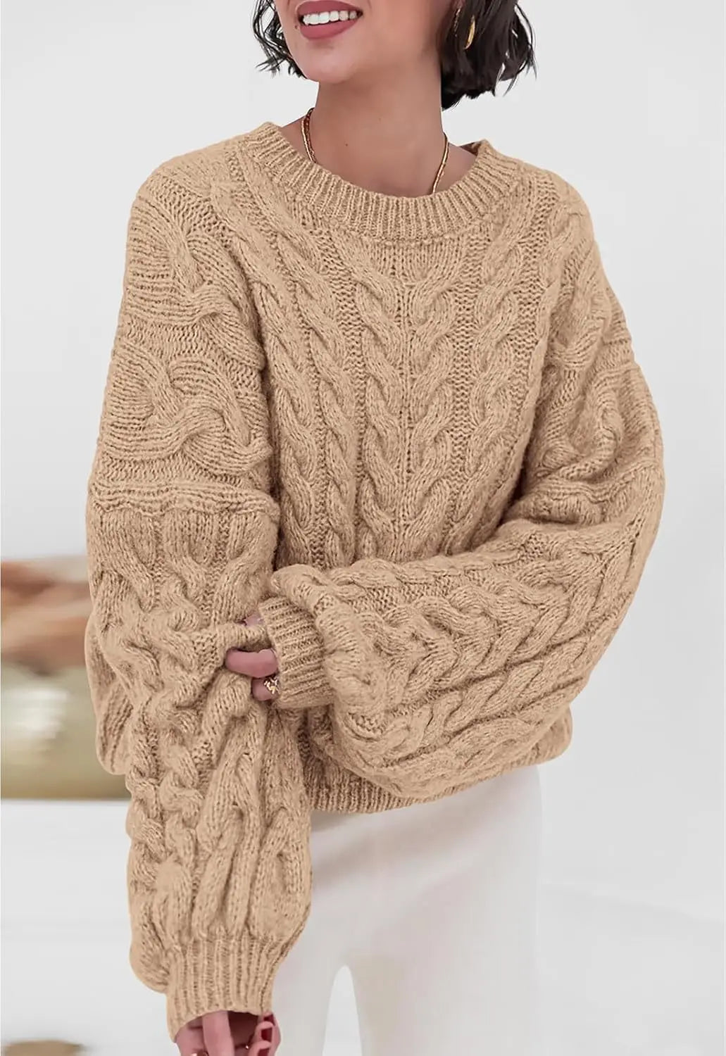 Women's loose fit O-neck sweater in beige cable knit high elastic pullover - front view standing pose