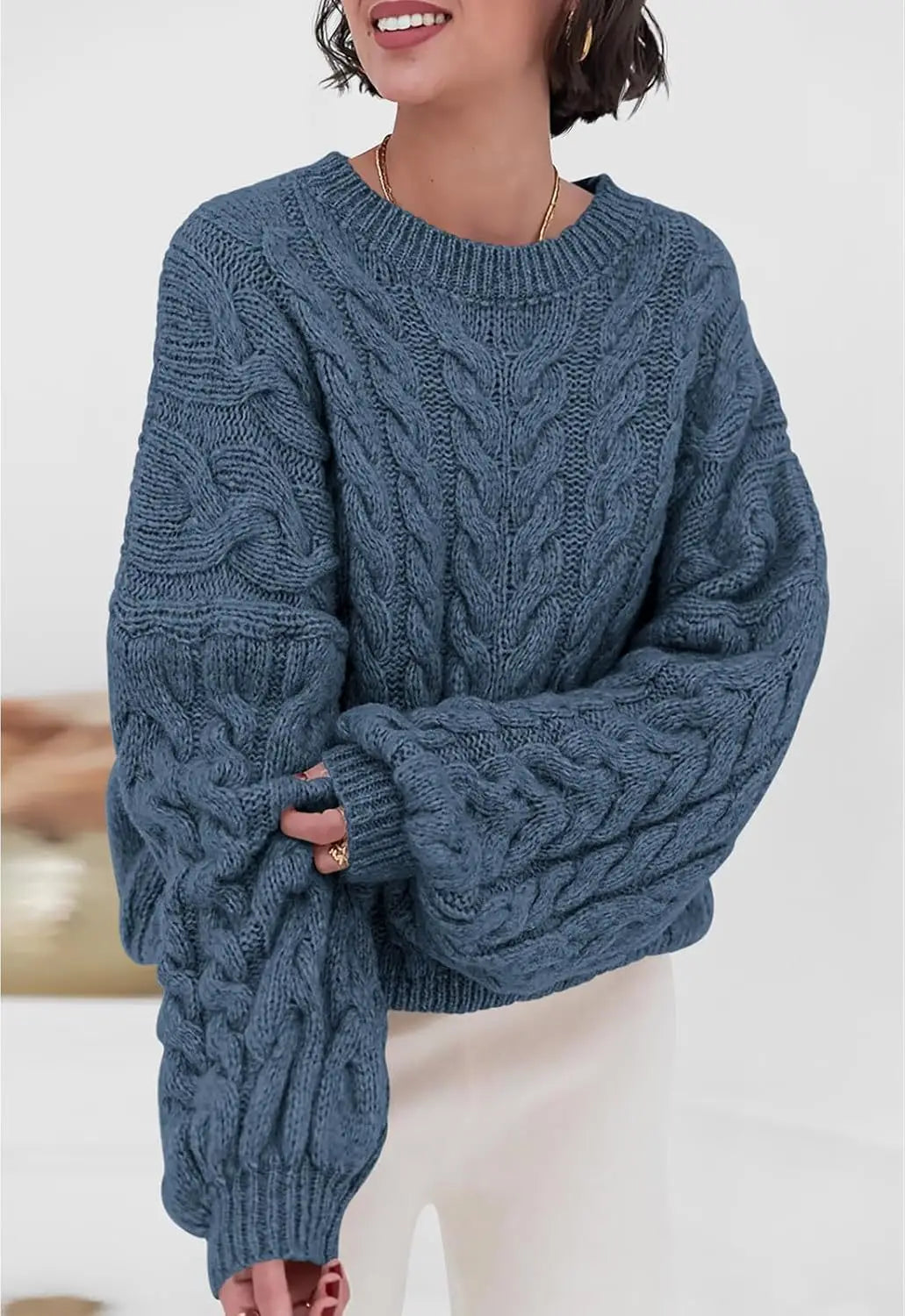 Women's loose fit O-neck sweater in blue cable knit high elastic pullover - front view