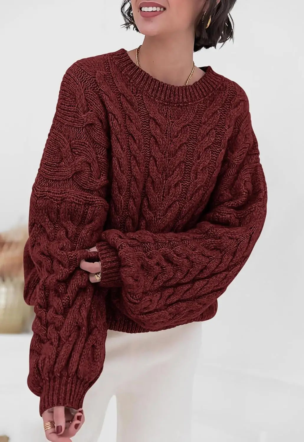 Women's loose fit O-neck sweater in burgundy cable knit high elastic pullover - front view