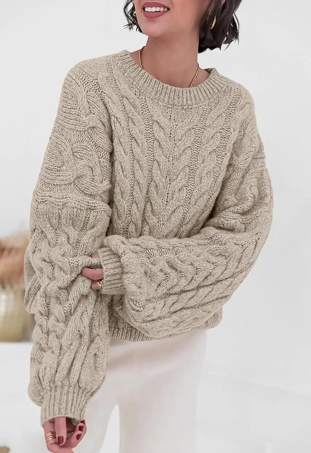 Women's loose fit O-neck sweater in cream cable knit high elastic pullover - front view