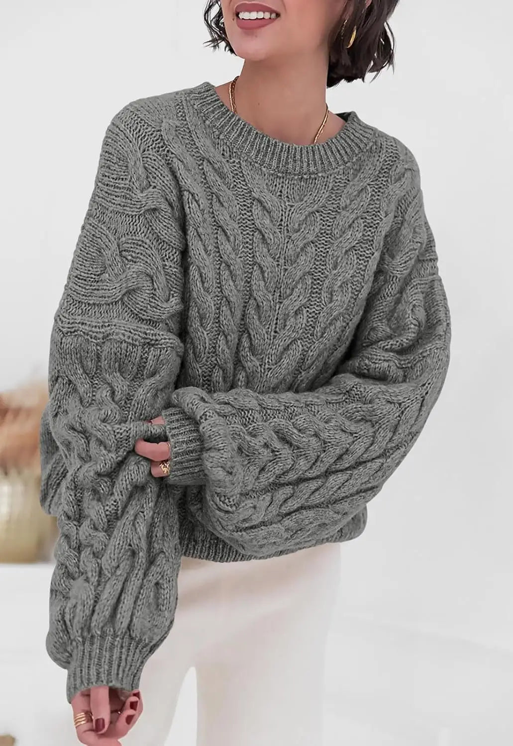 Women's loose fit O-neck sweater in gray cable knit high elastic pullover - front view