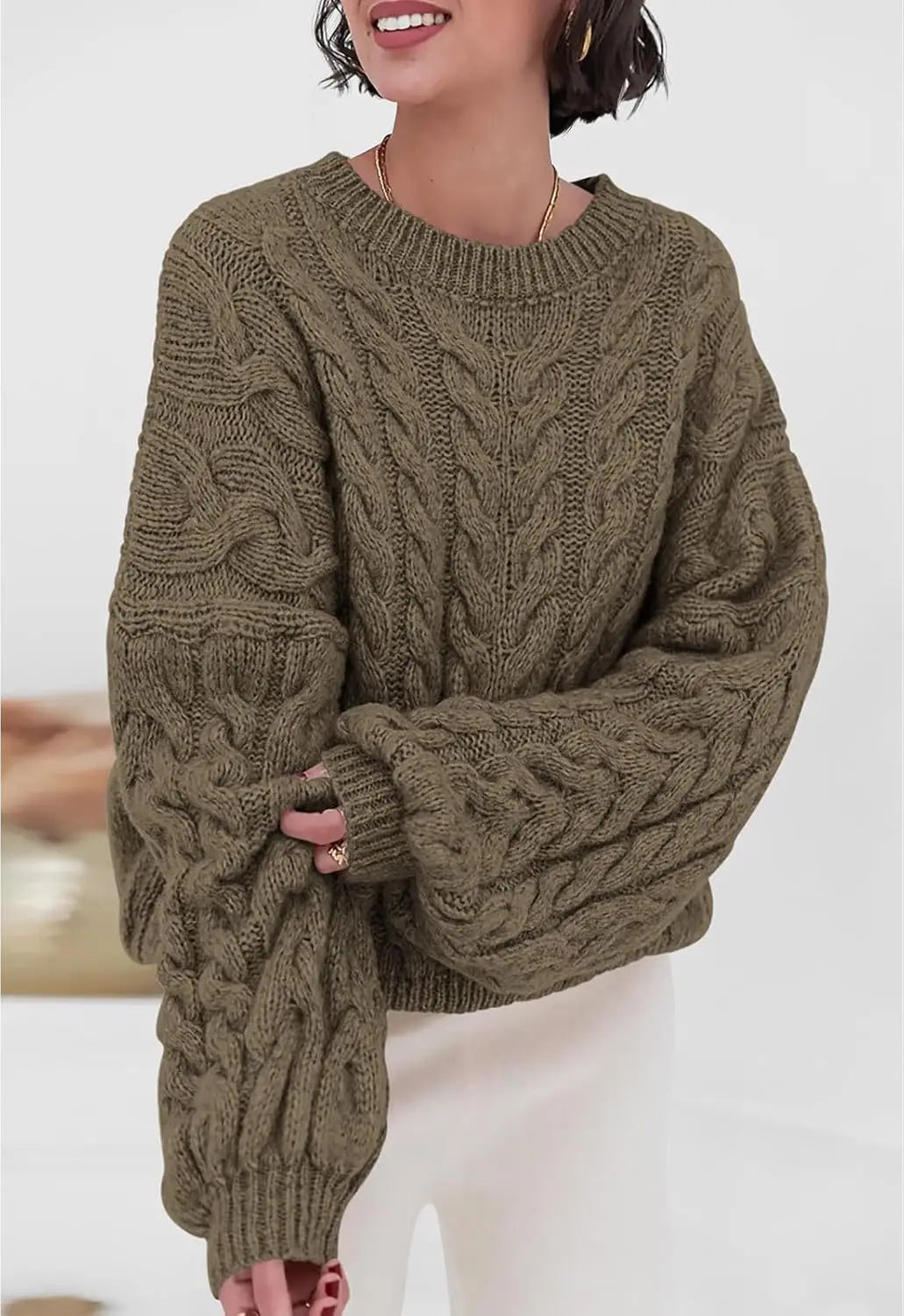 Women's loose fit O-neck sweater in khaki cable knit high elastic pullover - front view