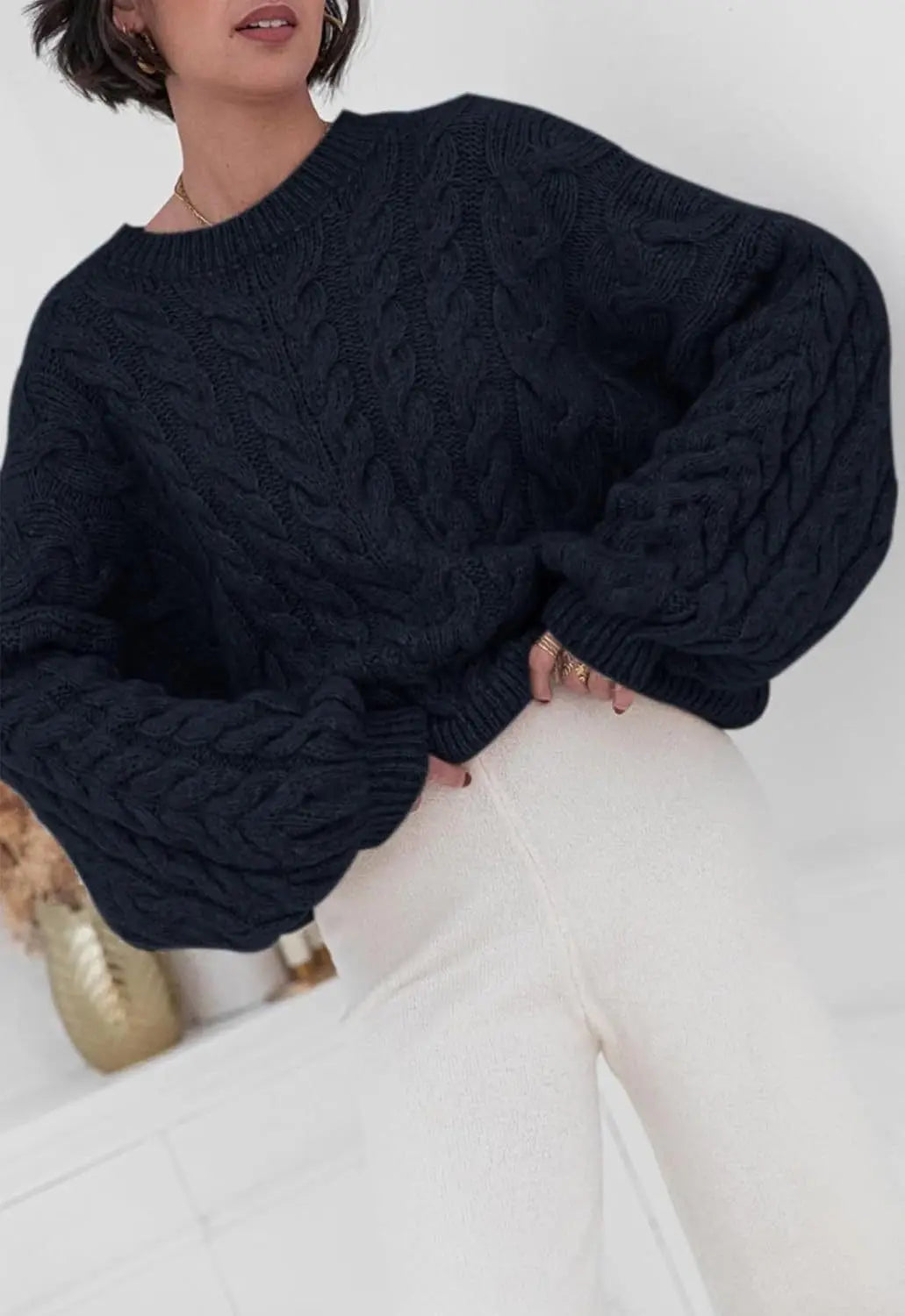 Women's loose fit O-neck sweater in navy cable knit high elastic pullover - front view