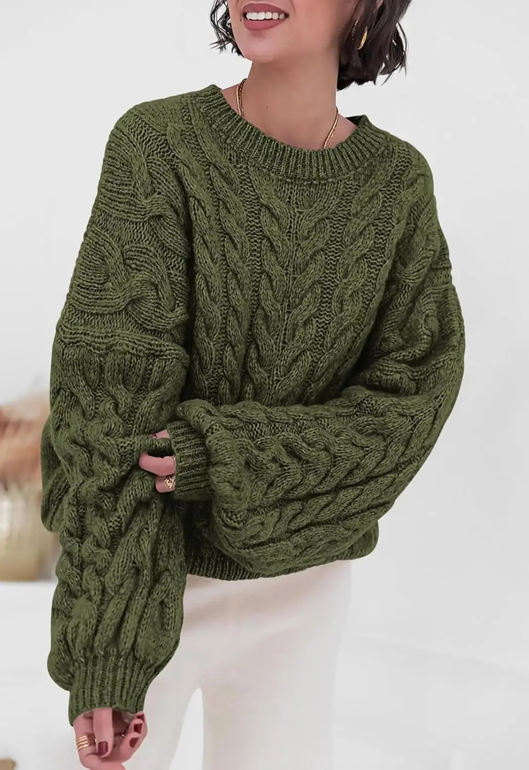 Women's loose fit O-neck sweater in olive green cable knit high elastic pullover - front view