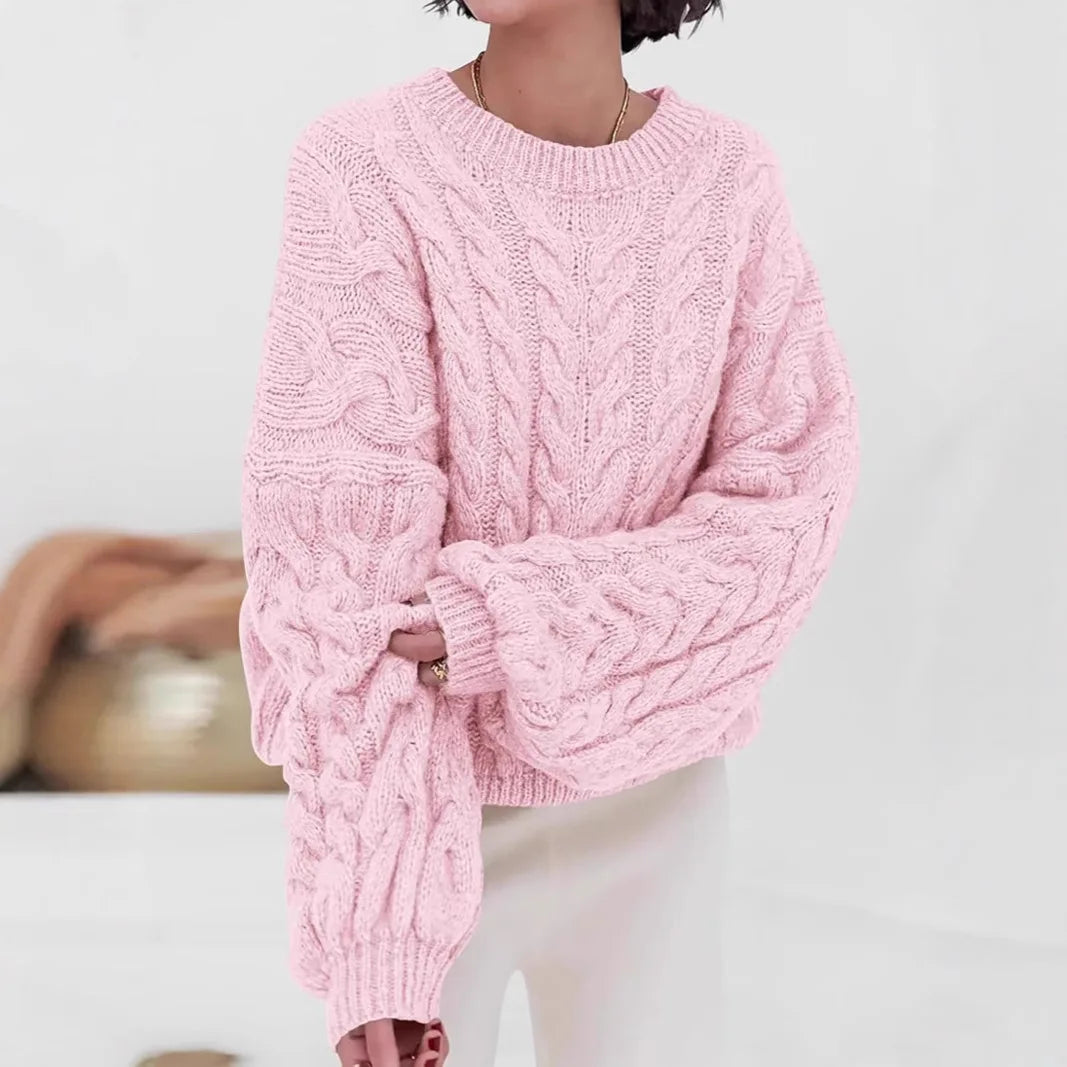 Women's loose fit O-neck sweater in pink cable knit high elastic pullover - full front view