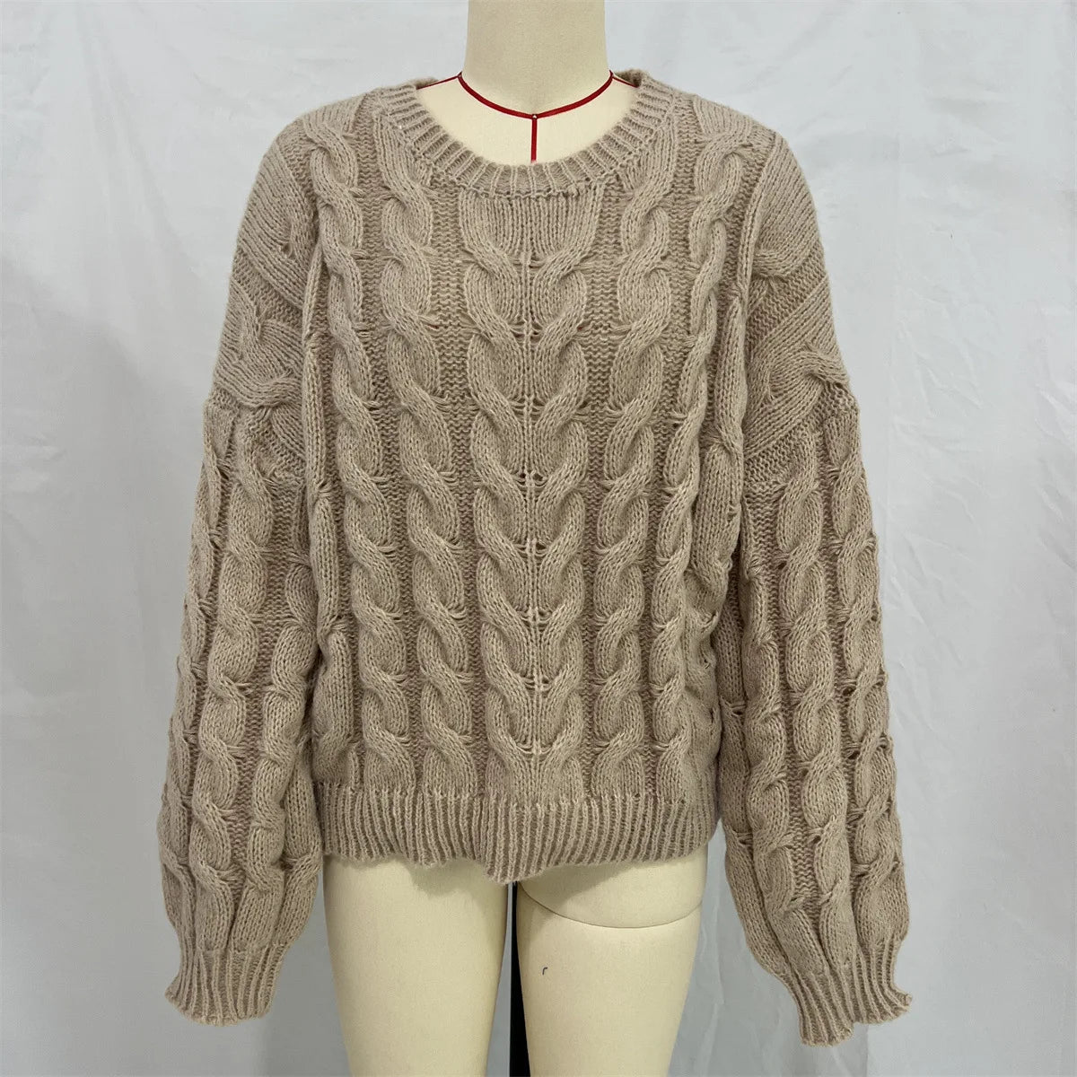 Women's loose fit O-neck sweater in taupe cable knit high elastic pullover - front view on mannequin