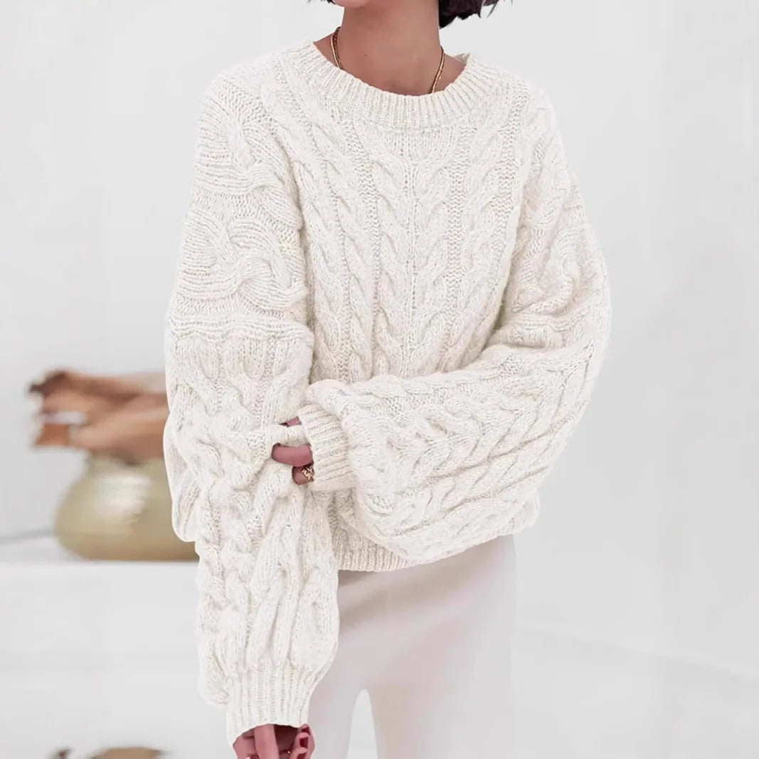 Women's loose fit O-neck sweater in white cable knit high elastic pullover - front view