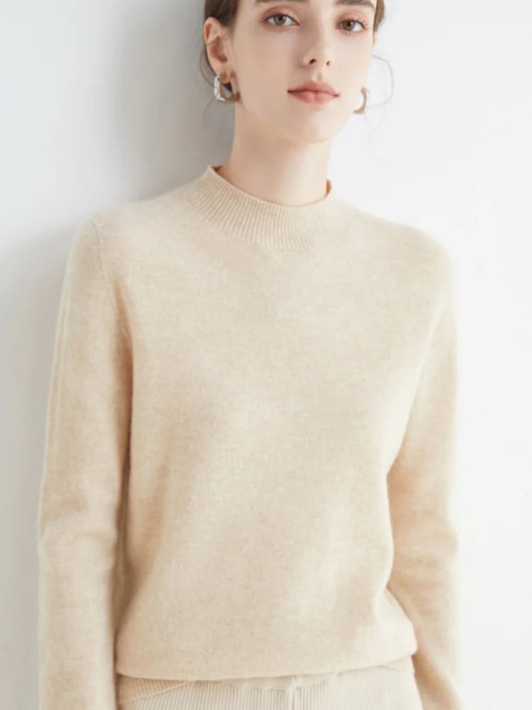 Women's mock neck pullover sweater, soft knit, beige, front view