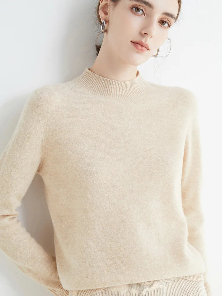 Women's mock neck pullover sweater, soft knit, beige, lifestyle side view