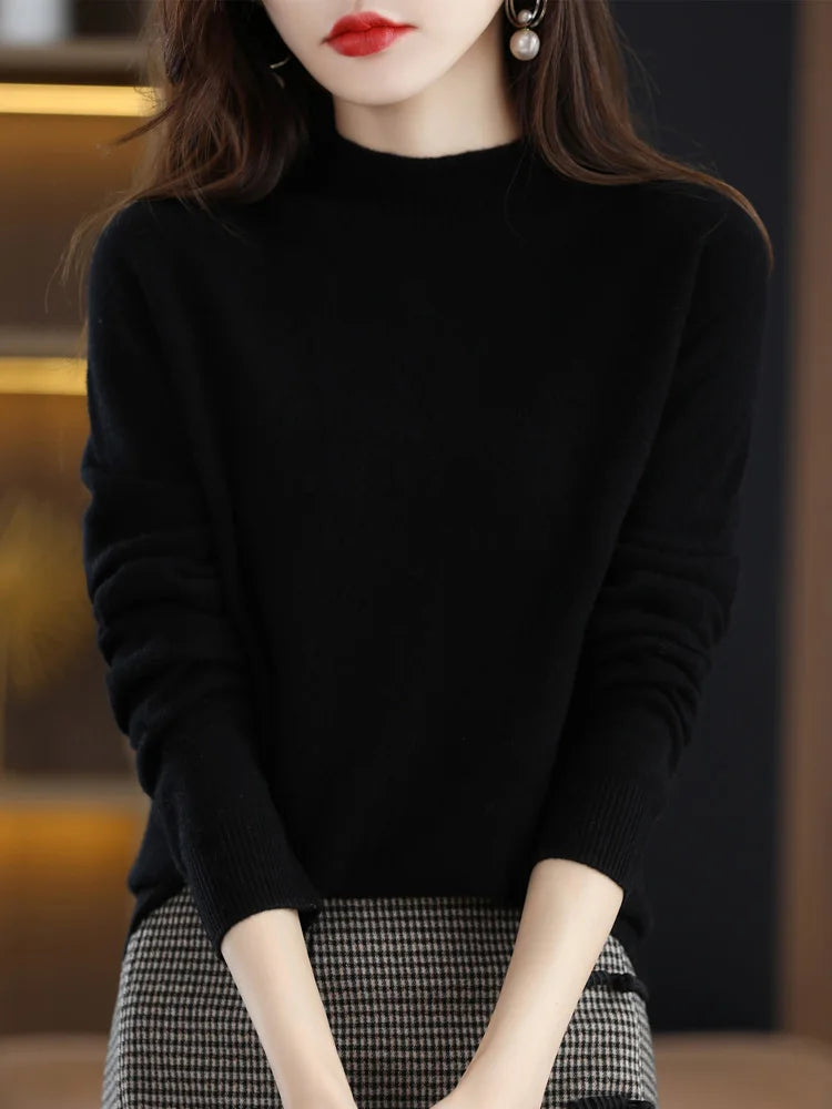 Women's mock neck pullover sweater, soft knit, black, lifestyle styled outfit