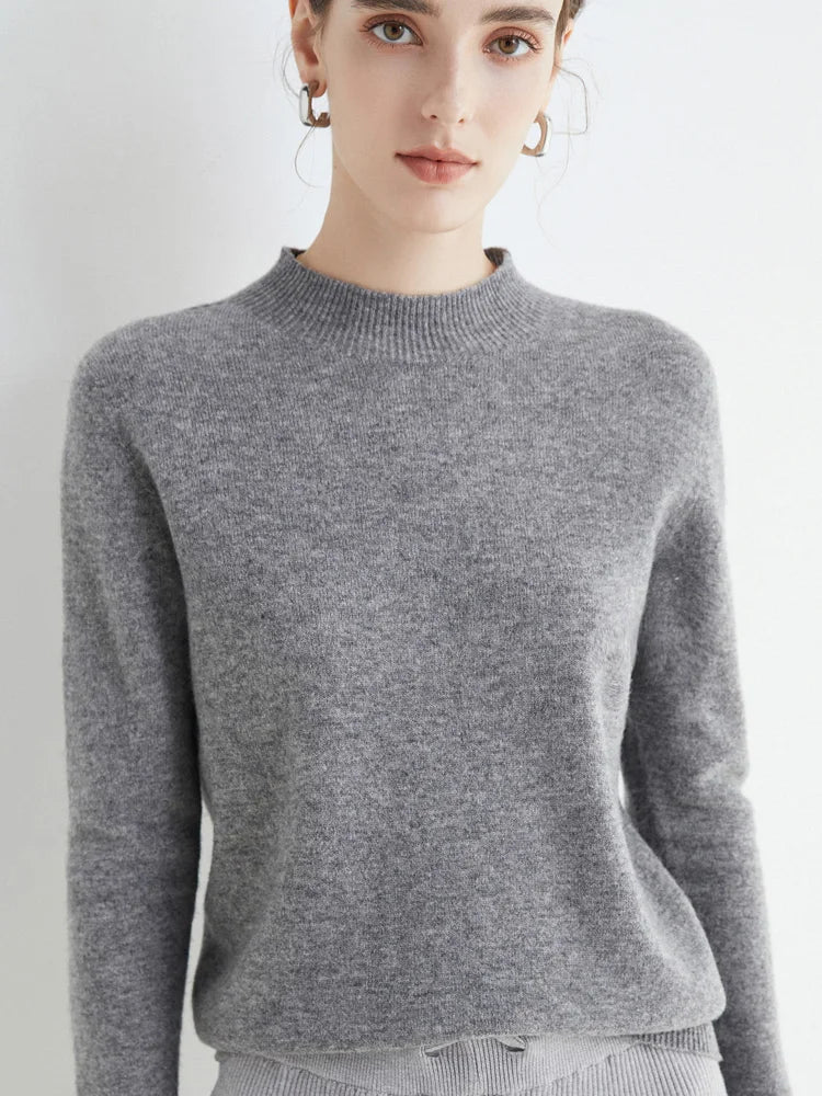 Women's mock neck pullover sweater, soft knit, gray textured, front view