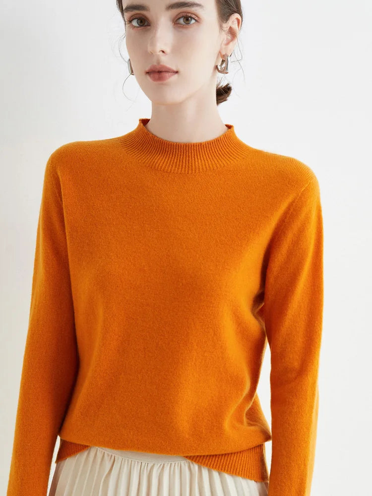 Women's mock neck pullover sweater, soft knit, orange, front view