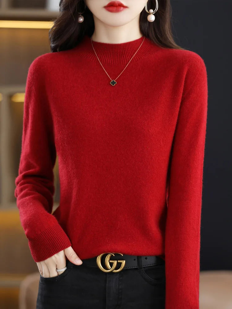 Women's mock neck pullover sweater, soft knit, red, lifestyle front view