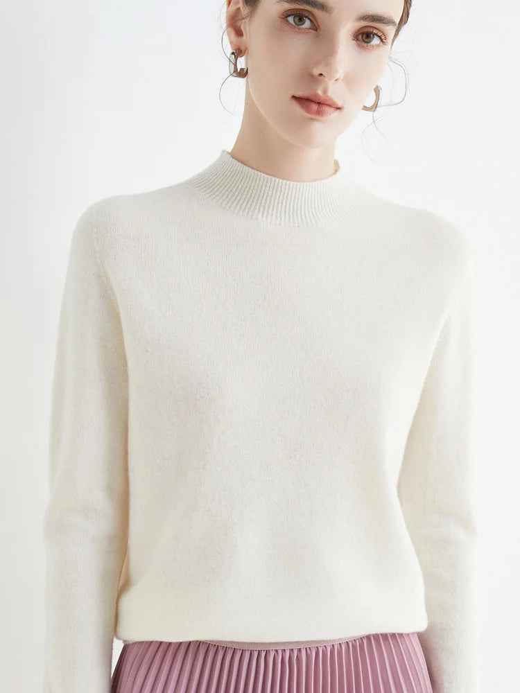 Women's mock neck pullover sweater, soft knit, white, front view