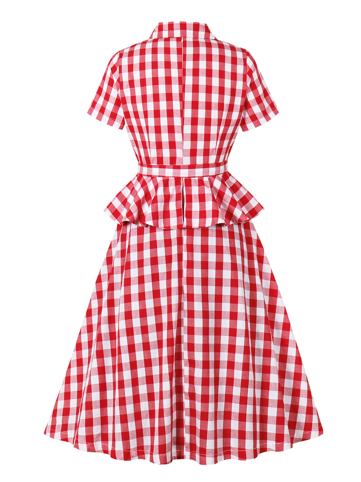 Women's red and white plaid A-line dress with tie waist bow, back view