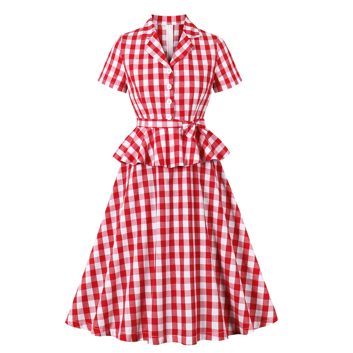 Women's red and white plaid A-line dress with suit collar and tie waist, front view