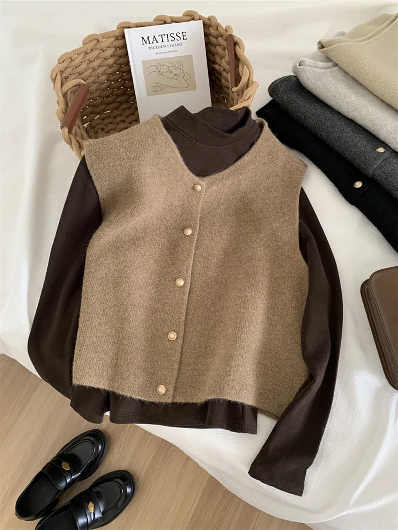Women's sleeveless knit cardigan with O-neck and button closure, beige, layered outfit flat lay