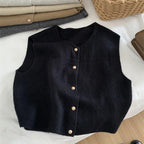 Women's sleeveless knit cardigan with O-neck and button closure, black, front view