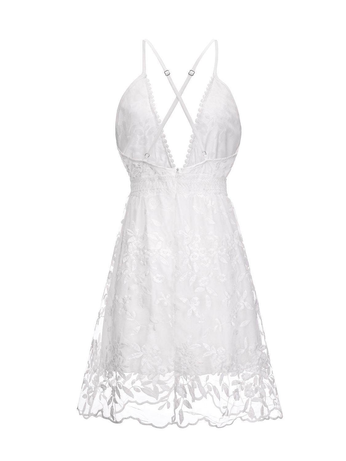 Women's white lace sleeveless backless cross-strap beach dress, back product shot on white background
