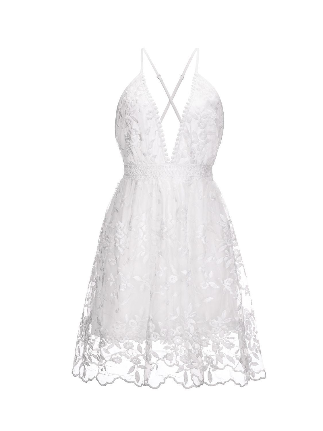 Women's white lace sleeveless deep V-neck backless strap beach dress, front product shot on white background
