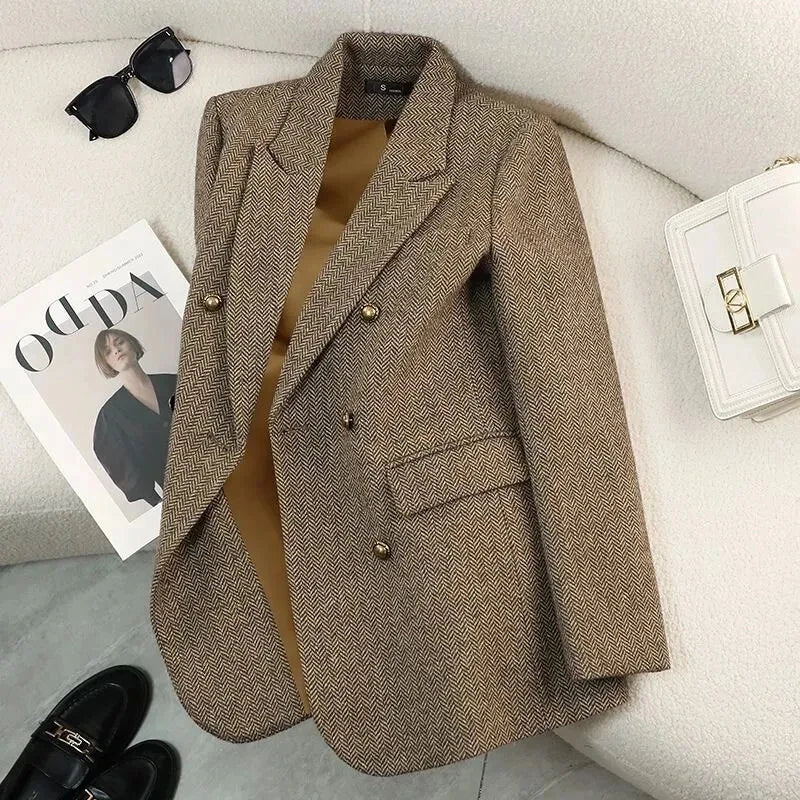 Women's slim fit blazer in beige tweed word pattern design with gold buttons - double-breasted jacket, flat lay view