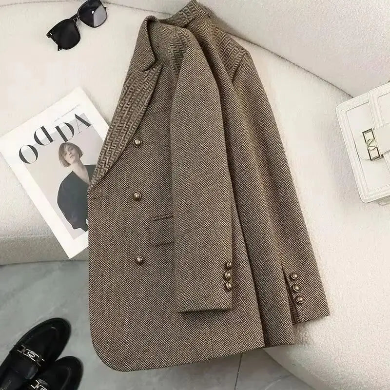 Women's slim fit blazer in beige tweed word pattern design with gold buttons - double-breasted jacket, side view