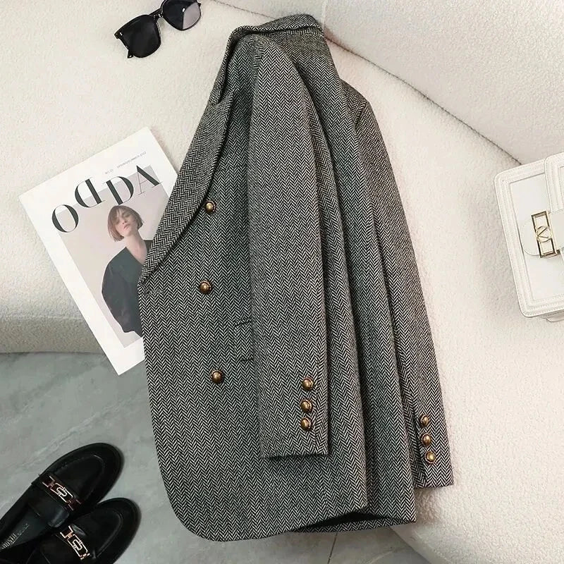 Women's slim fit blazer in gray tweed word pattern design with gold buttons - double-breasted jacket, side view