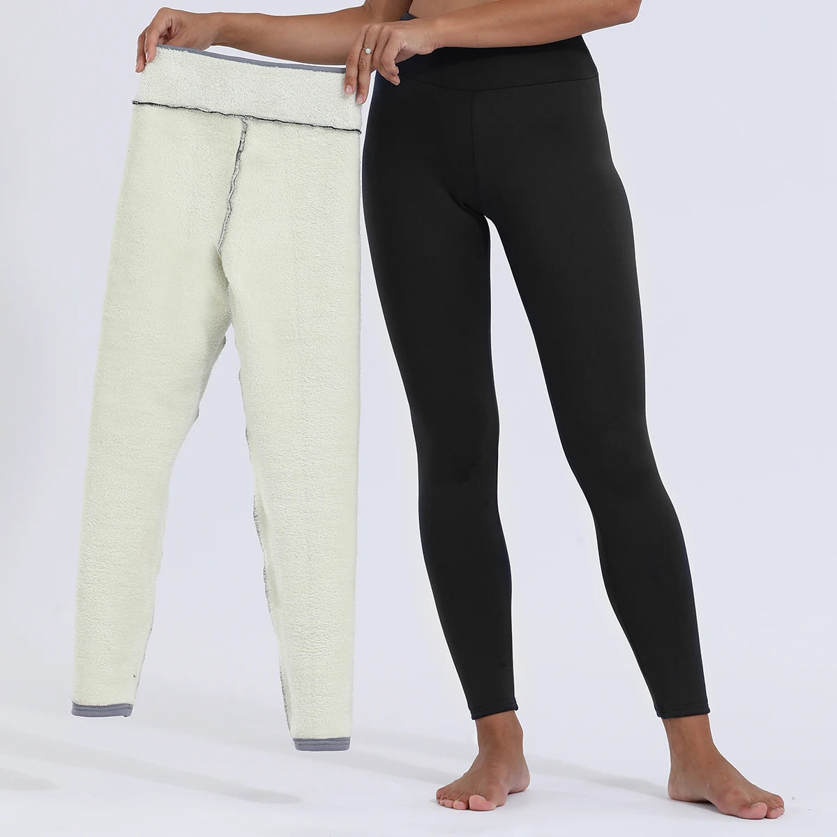 Women's high waist velvet winter leggings in cream and black, two-color comparison front view styled on model showing fleece interior lining on cream pair