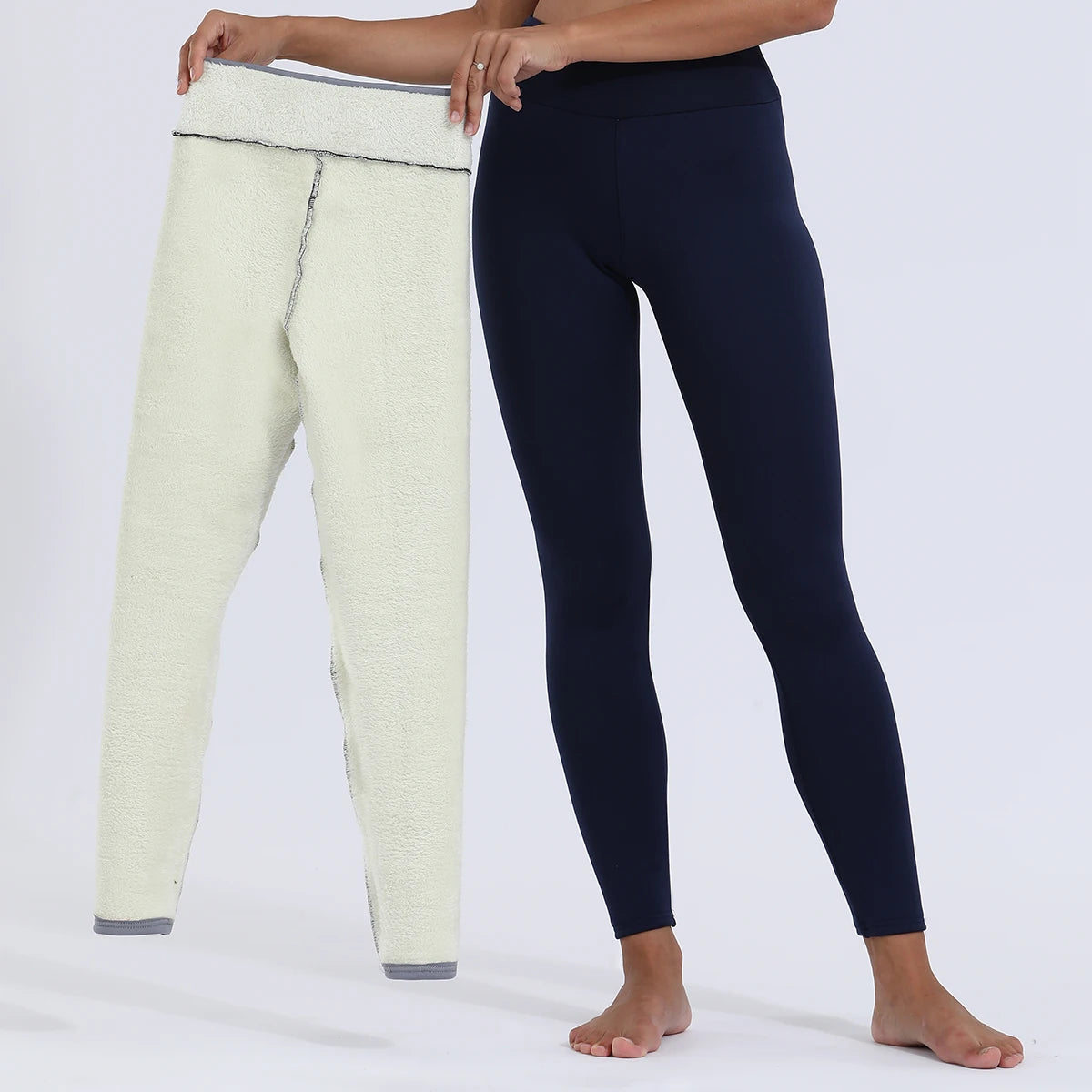 Women's high waist velvet winter leggings cream and navy blue two-color comparison front view, cream pair showing fleece interior lining folded down, styled on model