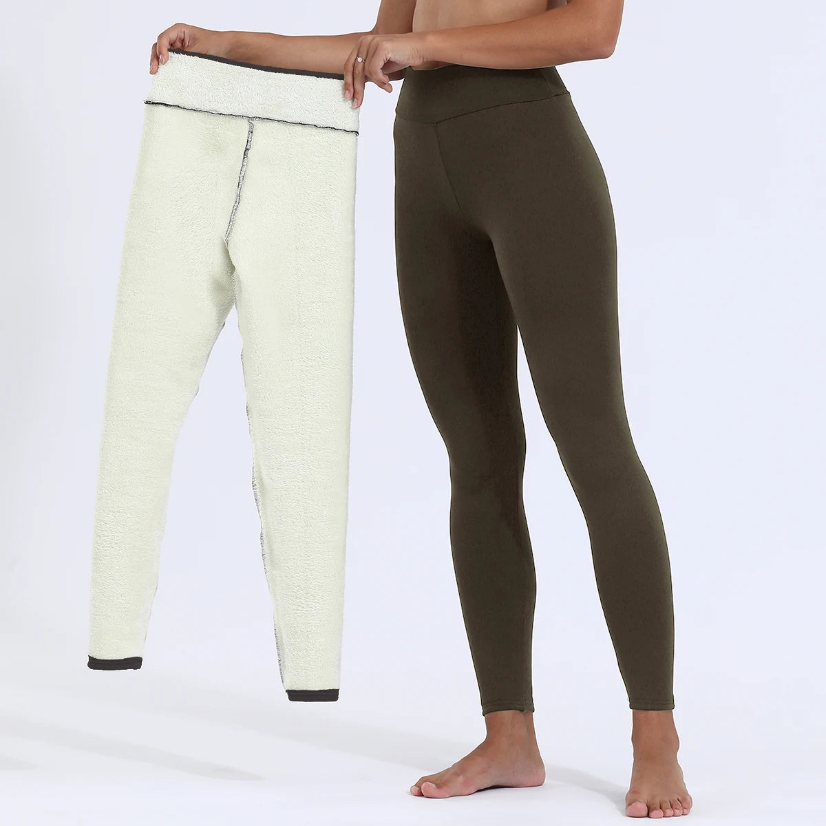 Women's high waist velvet winter leggings cream and olive green side by side comparison, cream pair showing fleece interior lining, olive green pair front view, styled on model barefoot