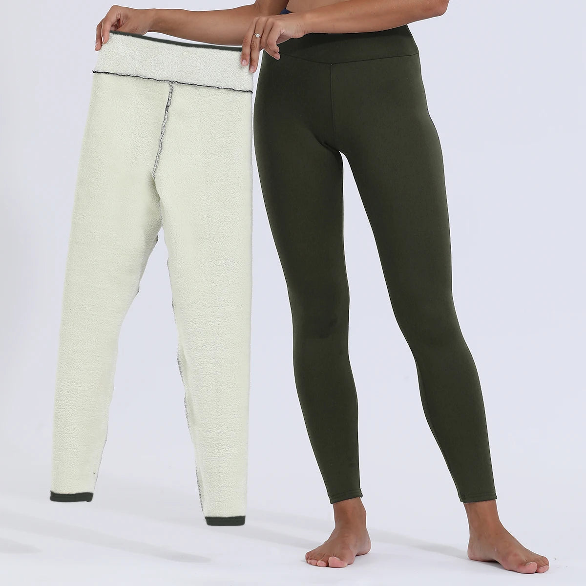 Women's high waist velvet winter leggings cream and olive green two-color comparison front view, cream pair showing fleece interior lining folded down, styled on model