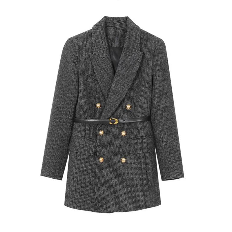 Women's double-breasted wool blend blazer with belt, charcoal gray, flat lay