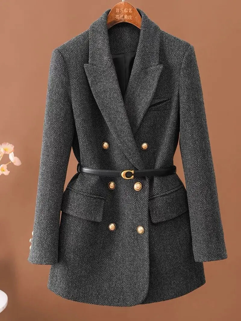 Women's double-breasted wool blend blazer with belt, charcoal gray, front view