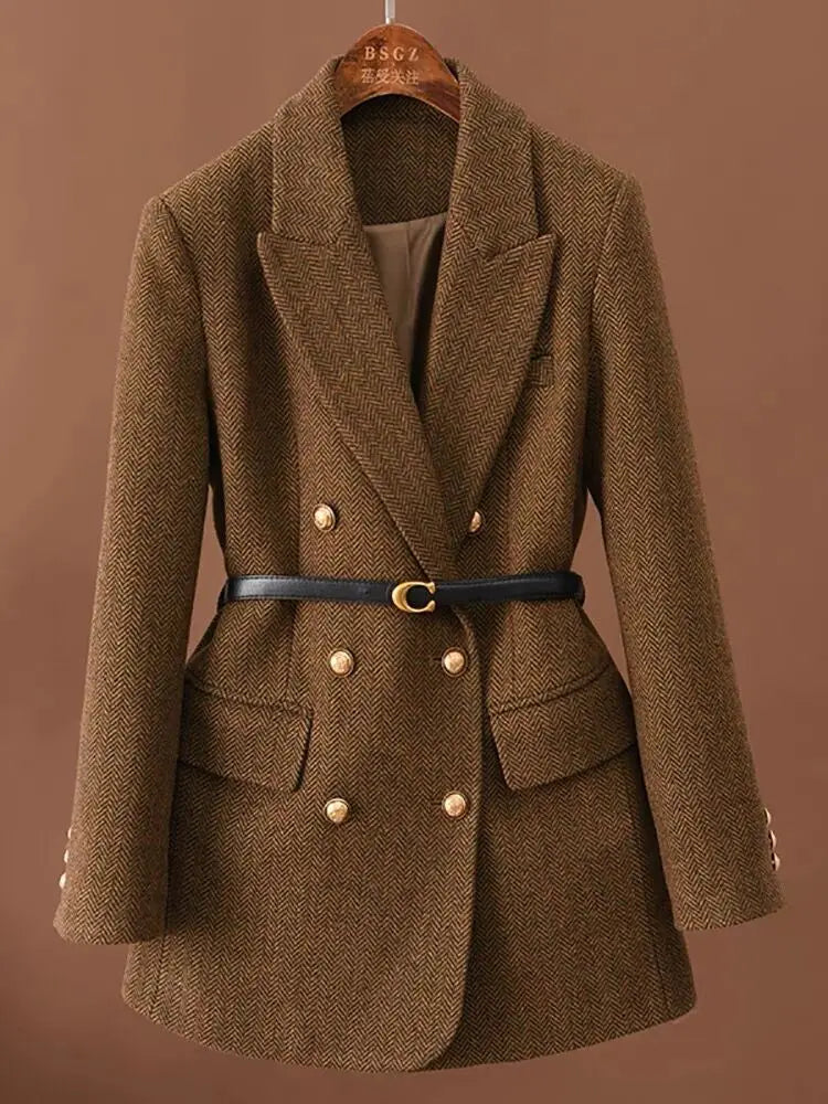 Women's double-breasted wool blend blazer with belt, olive brown, front view