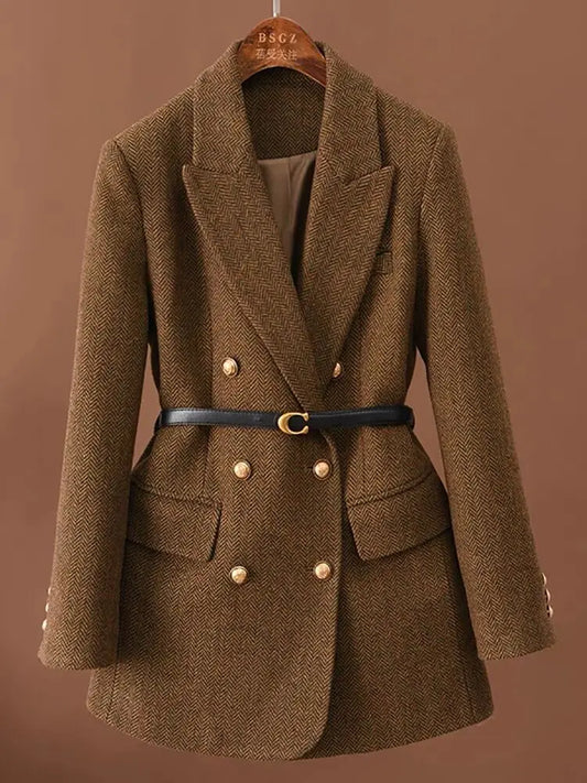 Women's double-breasted wool blend blazer with belt, olive brown, front view