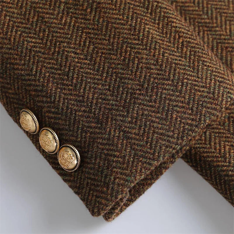 Women's wool blend blazer, brown herringbone fabric texture with gold buttons, close-up